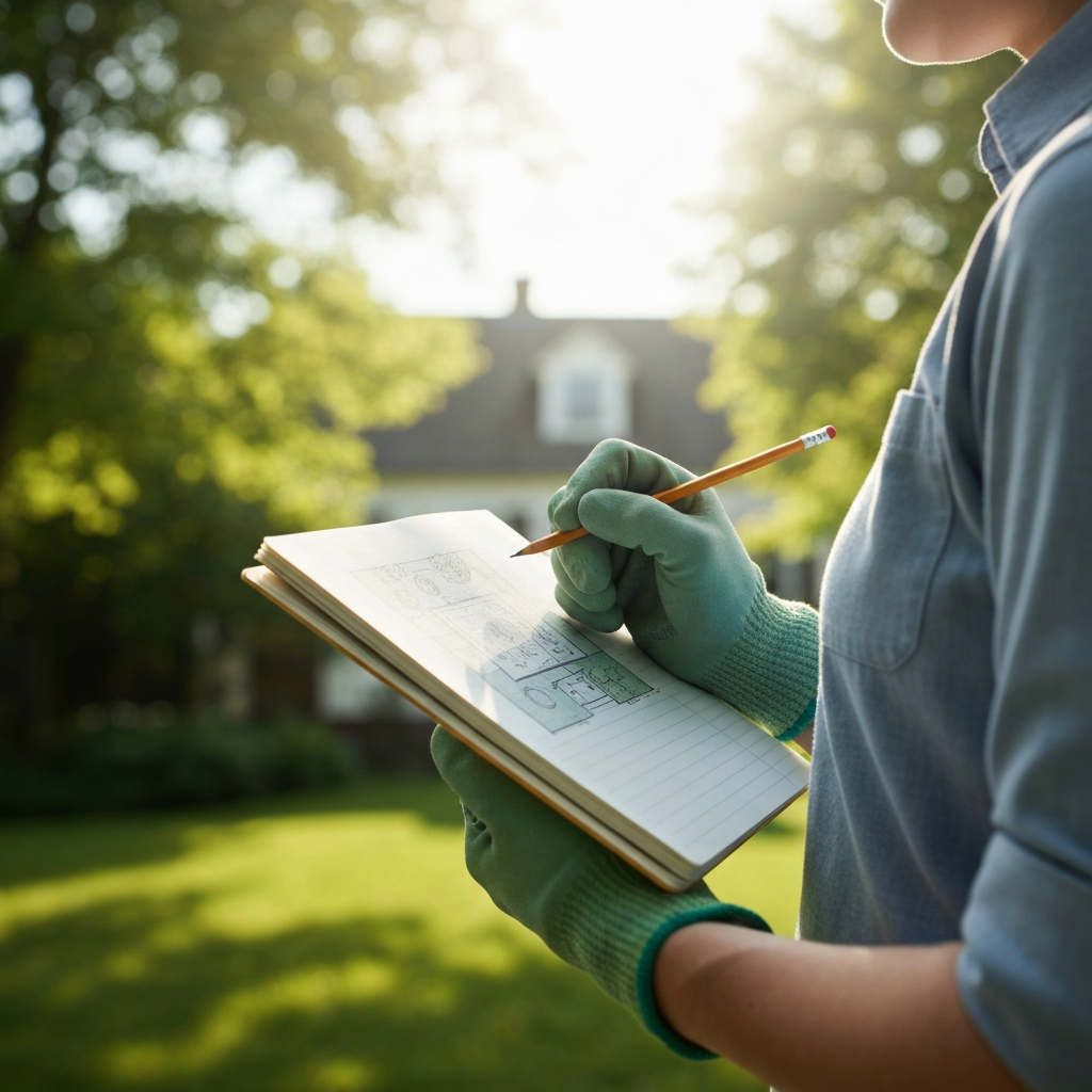 Wide shot of a person in gardening gloves holding a notebook and pencil, sketching a yard plan under bright, diffused sunlight. Soft bokeh in the background shows lush green trees and a charming house.