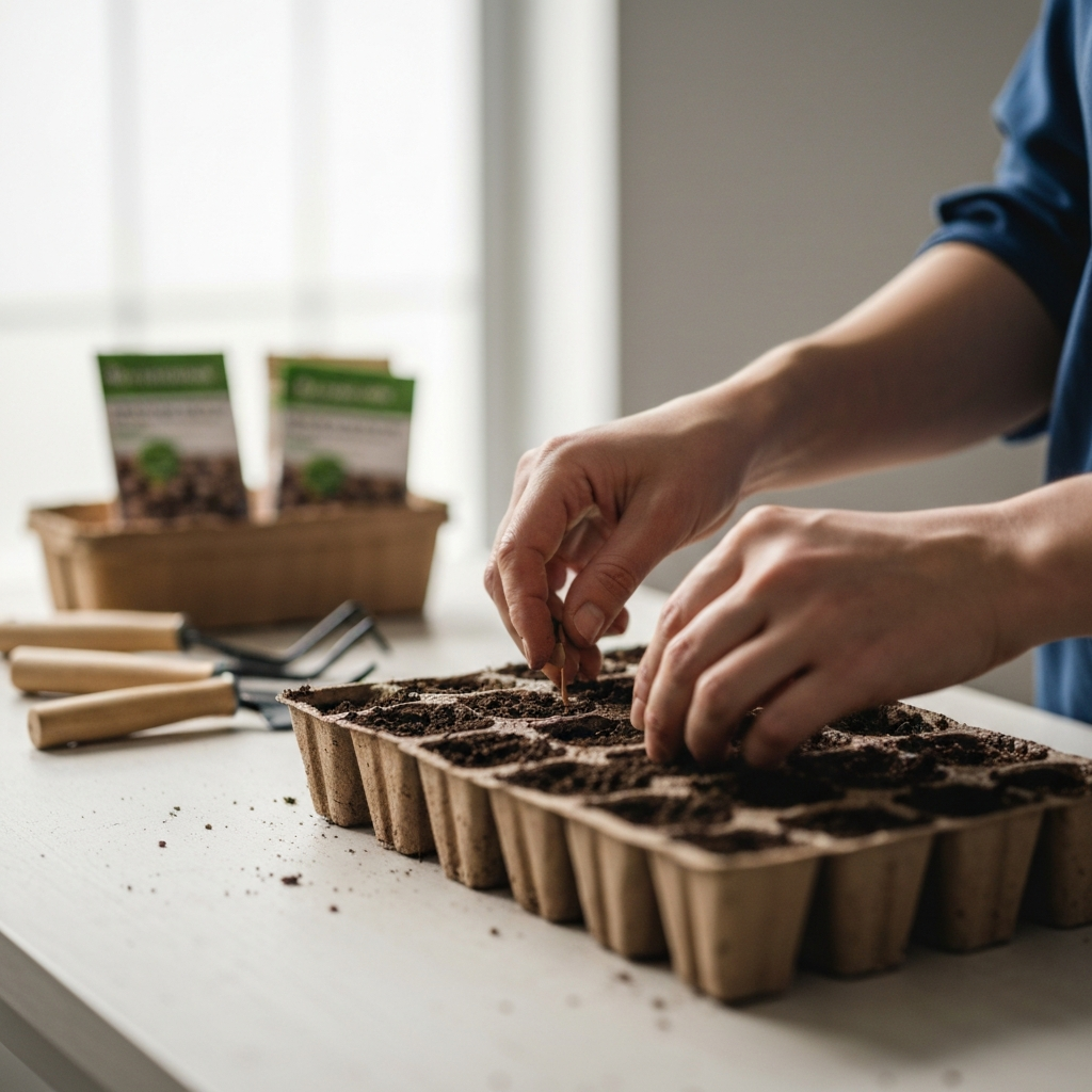 Close-up shot of hands gently placing seeds into small seed trays filled with soil. Warm, focused light on the hands and trays, with a blurry background of gardening tools and seed packets.