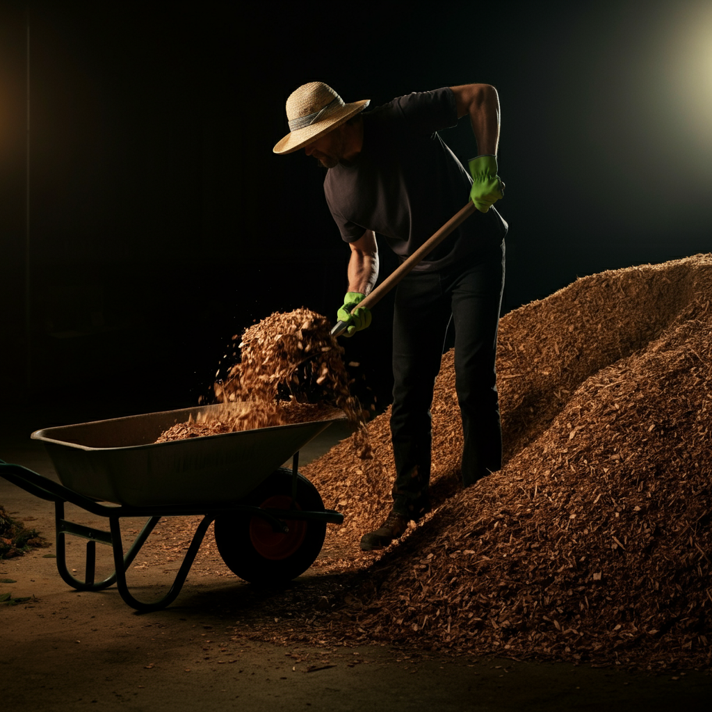 Medium shot of a person shoveling wood chips from a large pile into a wheelbarrow. Golden hour lighting creates a warm, inviting atmosphere. The person is wearing gardening gloves and a sun hat.