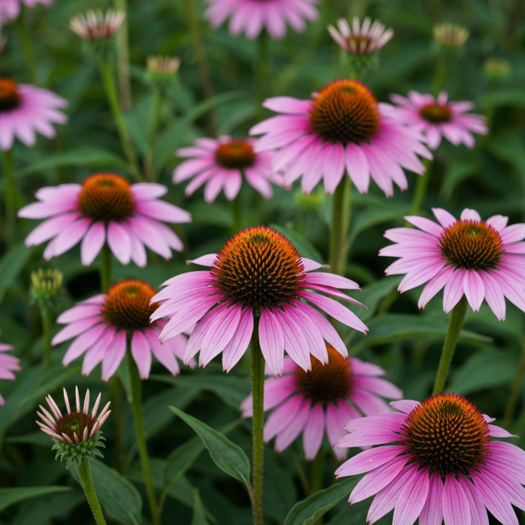 Close-up shot of a vibrant patch of blooming coneflowers (Echinacea) in various shades of pink and purple. Sharp focus on the flowers, with a blurred background of green foliage.