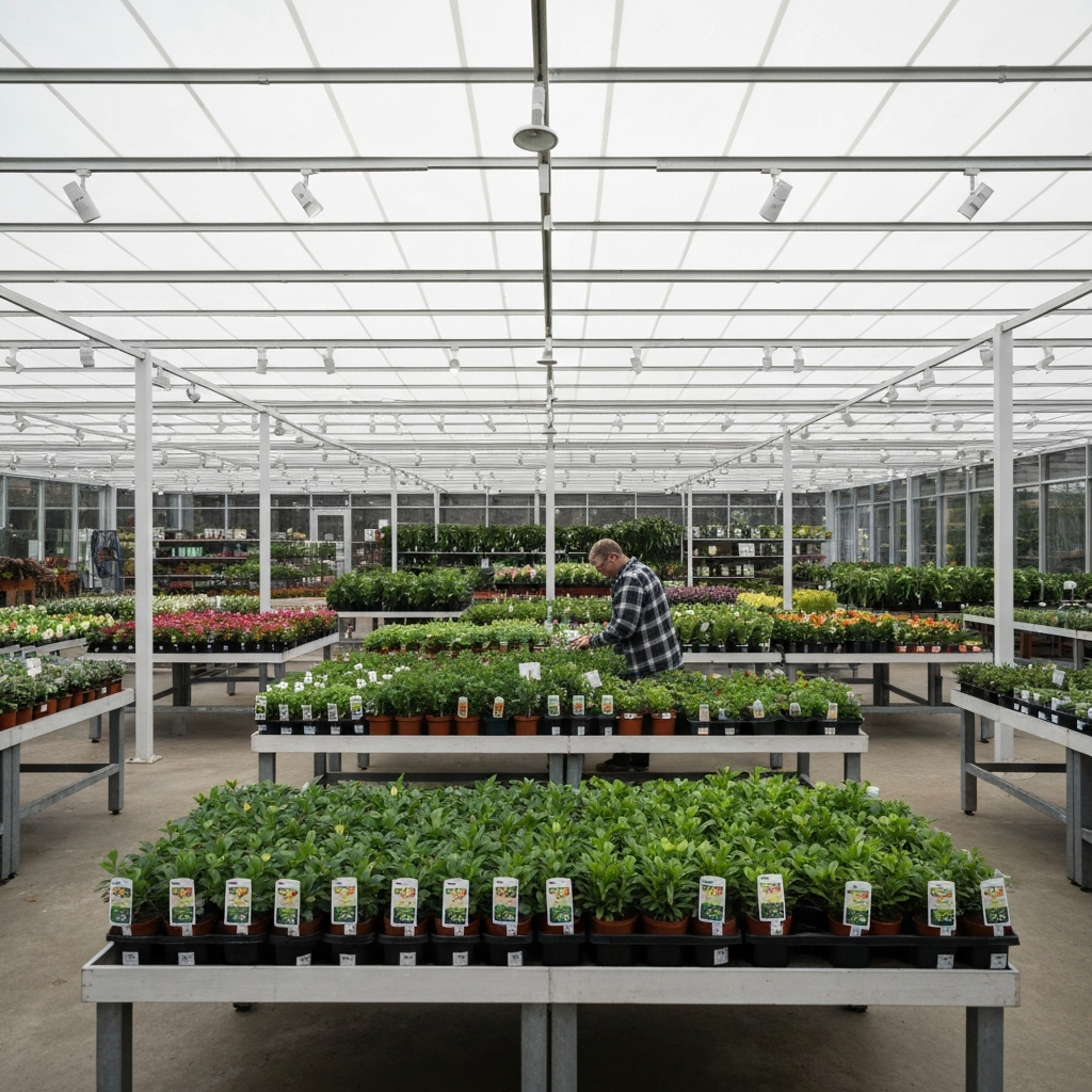 A wide, slightly overhead shot of end-of-season discounted plants displayed on tables at a garden center. Overcast lighting creates a soft, even tone. A person wearing a flannel shirt is examining the plants.