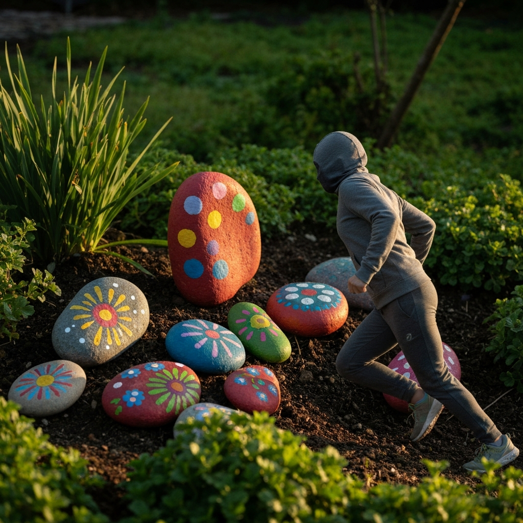 A whimsical close-up shot of colorful, hand-painted rocks arranged artistically in a garden bed among green plants. Soft, natural lighting highlighting the textures of the rocks and foliage.