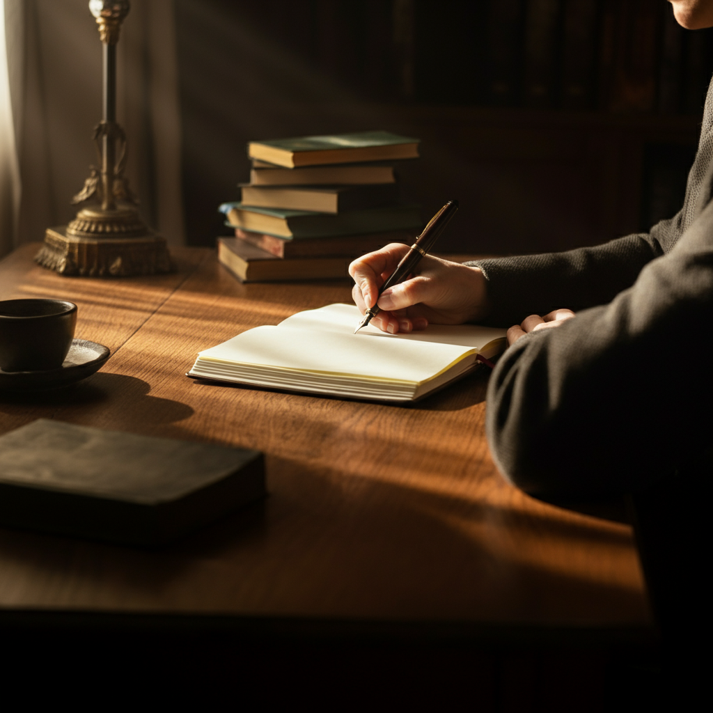 A person sitting at a wooden desk in a softly lit study, writing in a leather-bound journal with a fountain pen. Golden hour sunlight streams in through a window, casting long shadows. The desk is cluttered with books and papers, suggesting a deep focus on thought.