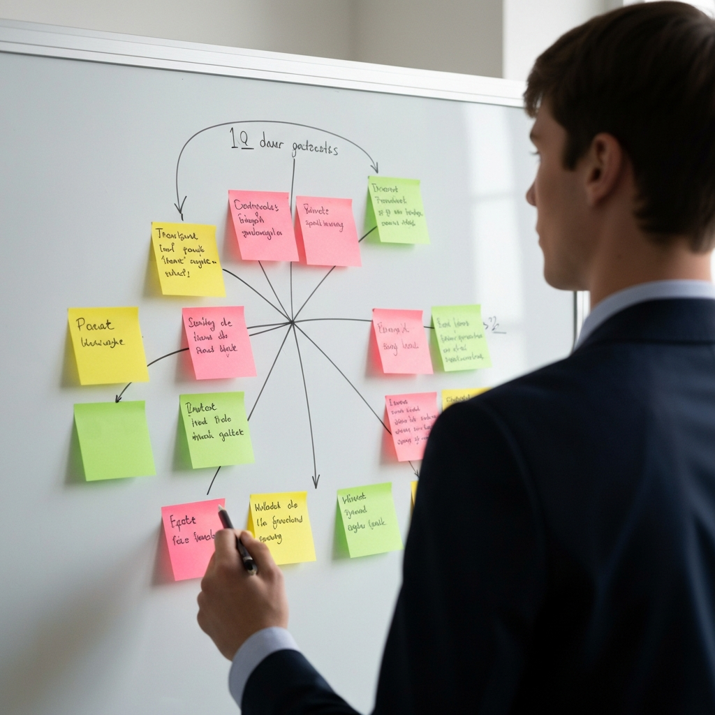 A close-up shot of a whiteboard filled with colorful sticky notes organized into clusters and connected by hand-drawn lines. The lighting is even and bright, illuminating the various categories and relationships between ideas. The focus is on the organizational structure.