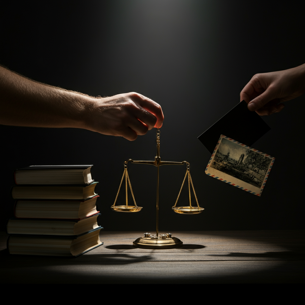A pair of hands carefully balancing a scale. On one side are neatly stacked books, representing evidence, and on the other, a single, worn postcard with a faded image. The lighting is dramatic, with a spotlight emphasizing the act of weighing evidence.