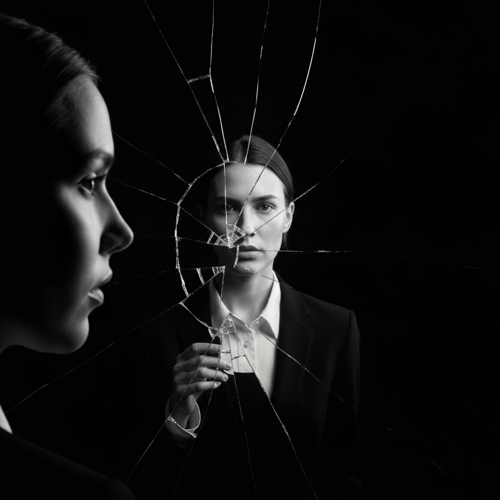 A cracked mirror reflecting a distorted image of a person. The lighting is stark and unflattering, highlighting the imperfections and fractures. The overall impression is one of dissonance and fragmentation.
