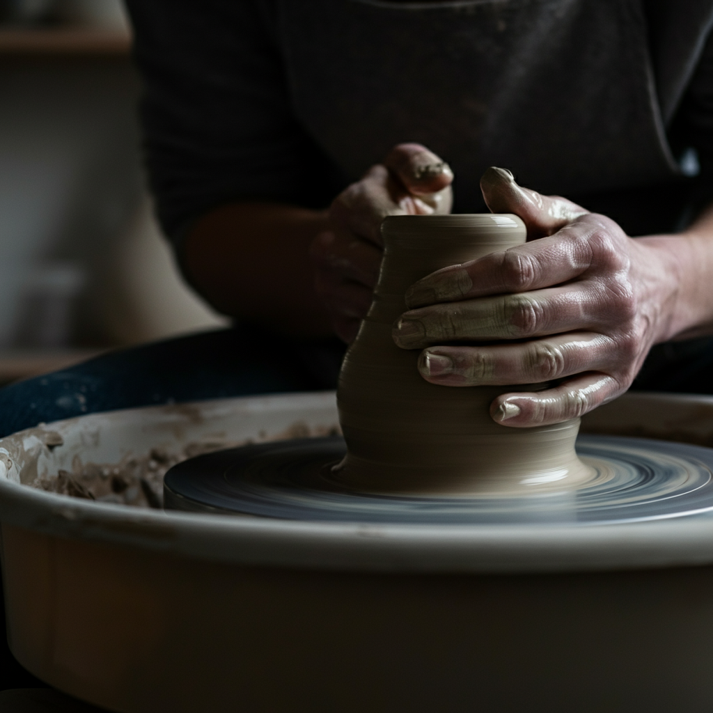 A potter's wheel spinning, with hands shaping clay into a new form. Soft, diffused light illuminates the clay, emphasizing its texture and malleability. The scene conveys a sense of transformation and creation.