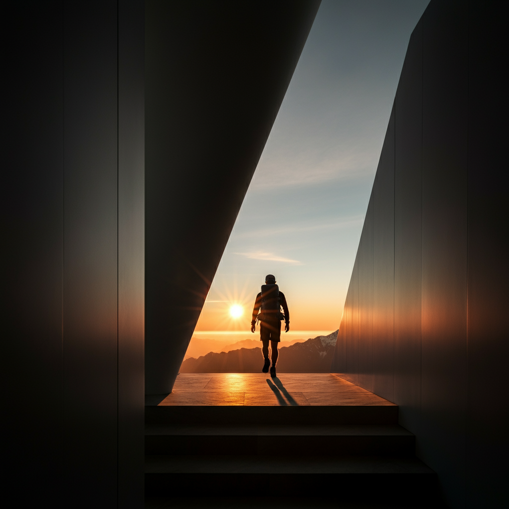 A person hiking on a mountain trail, silhouetted against a vibrant sunset. The lighting is warm and golden, creating a sense of accomplishment and journey. The focus is on the individual's determination and resilience.