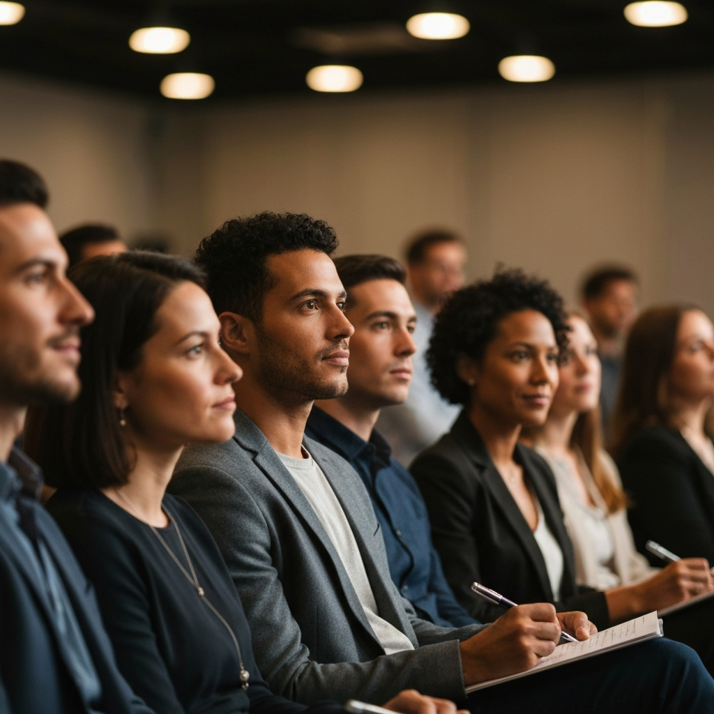 A diverse group of people in an audience, softly lit with warm overhead lights. Some are looking at the speaker with interest, others are taking notes. The background is blurred with a soft bokeh effect, focusing on the expressions of engagement.