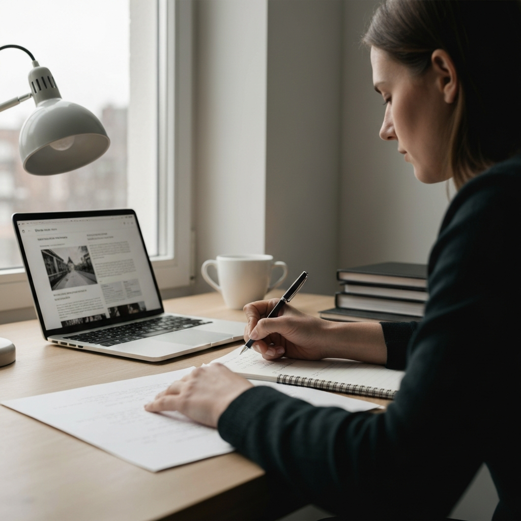A person meticulously crafting notes with a pen and paper. The desk is well-organized with a laptop showing research articles. Natural light streams in from a nearby window, illuminating the textured paper.