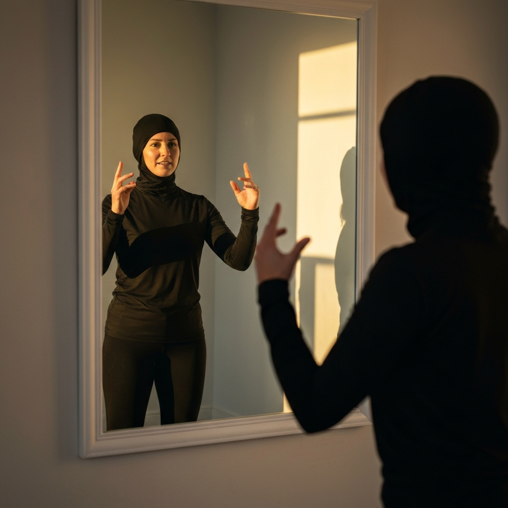 A person practicing a speech in front of a mirror. The room is simple and well-lit. The individual is making strong hand gestures and maintaining confident eye contact with their reflection.