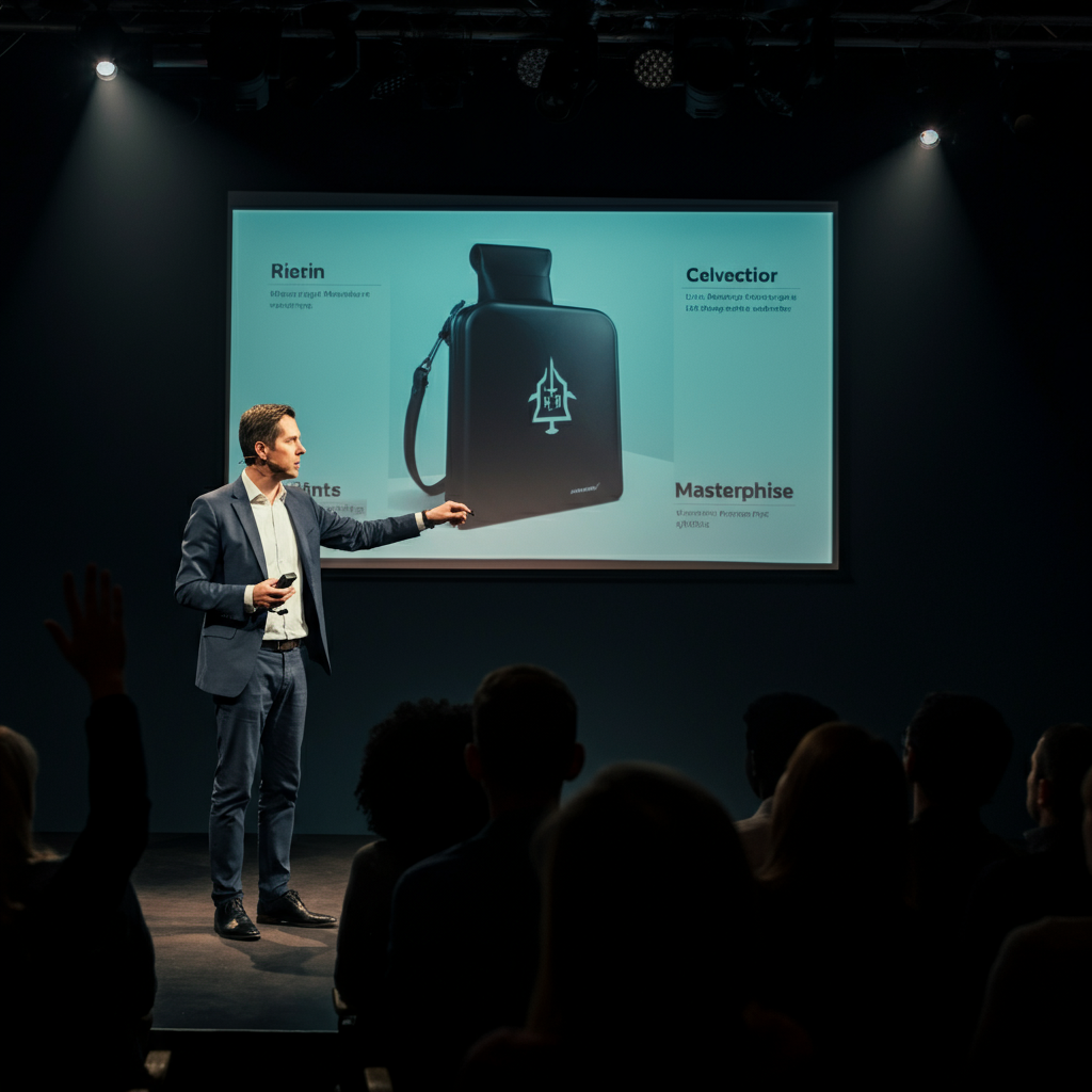 A presenter standing on a stage, gesturing towards a slide on a screen. The audience is visible, with some individuals raising their hands to ask questions. The lighting is bright and professional, highlighting the speaker's confident posture.