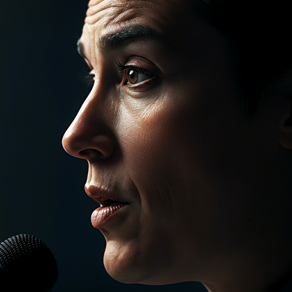 A close-up shot of a speaker's face, side-lit to emphasize the texture of their skin and clothing. The speaker's eyes are focused, conveying a sense of passion and sincerity as they tell a story.