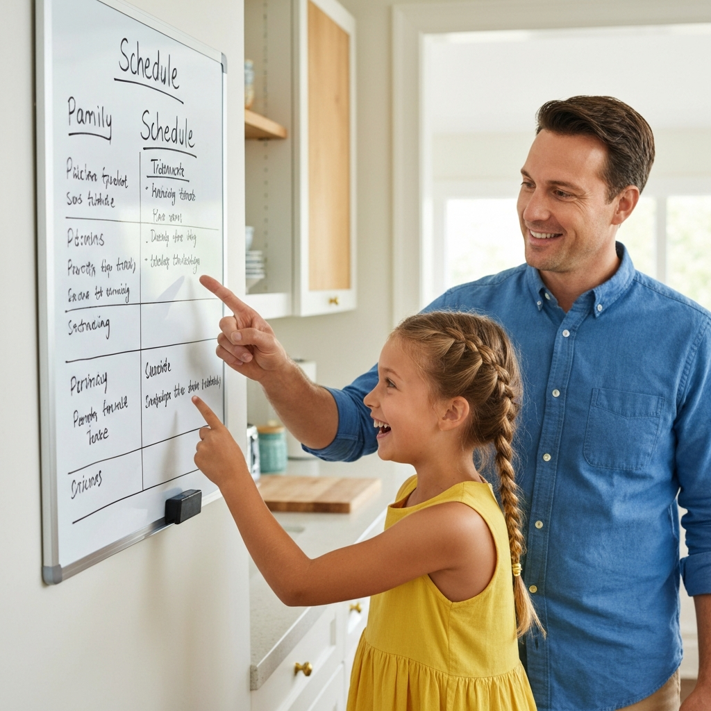 A brightly lit kitchen. A whiteboard is mounted on the wall with a color-coded schedule written in bold marker. A parent and child are pointing at the board, smiling.