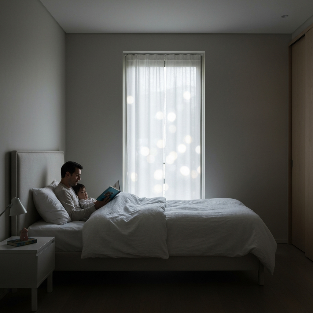 A dimly lit child's bedroom. A parent is reading a book to a child who is tucked into bed. Soft bokeh in the background.