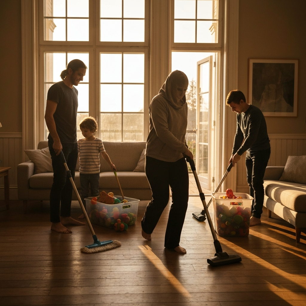 A family working together in a sunny living room. One person is dusting, another is vacuuming, and a child is organizing toys into a bin. Natural light pouring through the window.