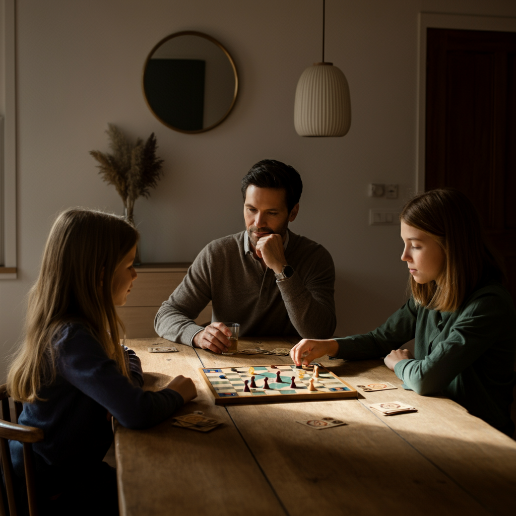 A family playing a board game at a wooden table. Warm, inviting lighting with a focus on the faces and hands.