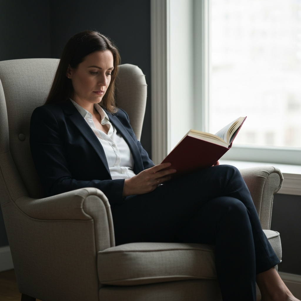 A woman sitting in a comfortable armchair, reading a book. Soft, natural light coming through a window. The background is slightly blurred.