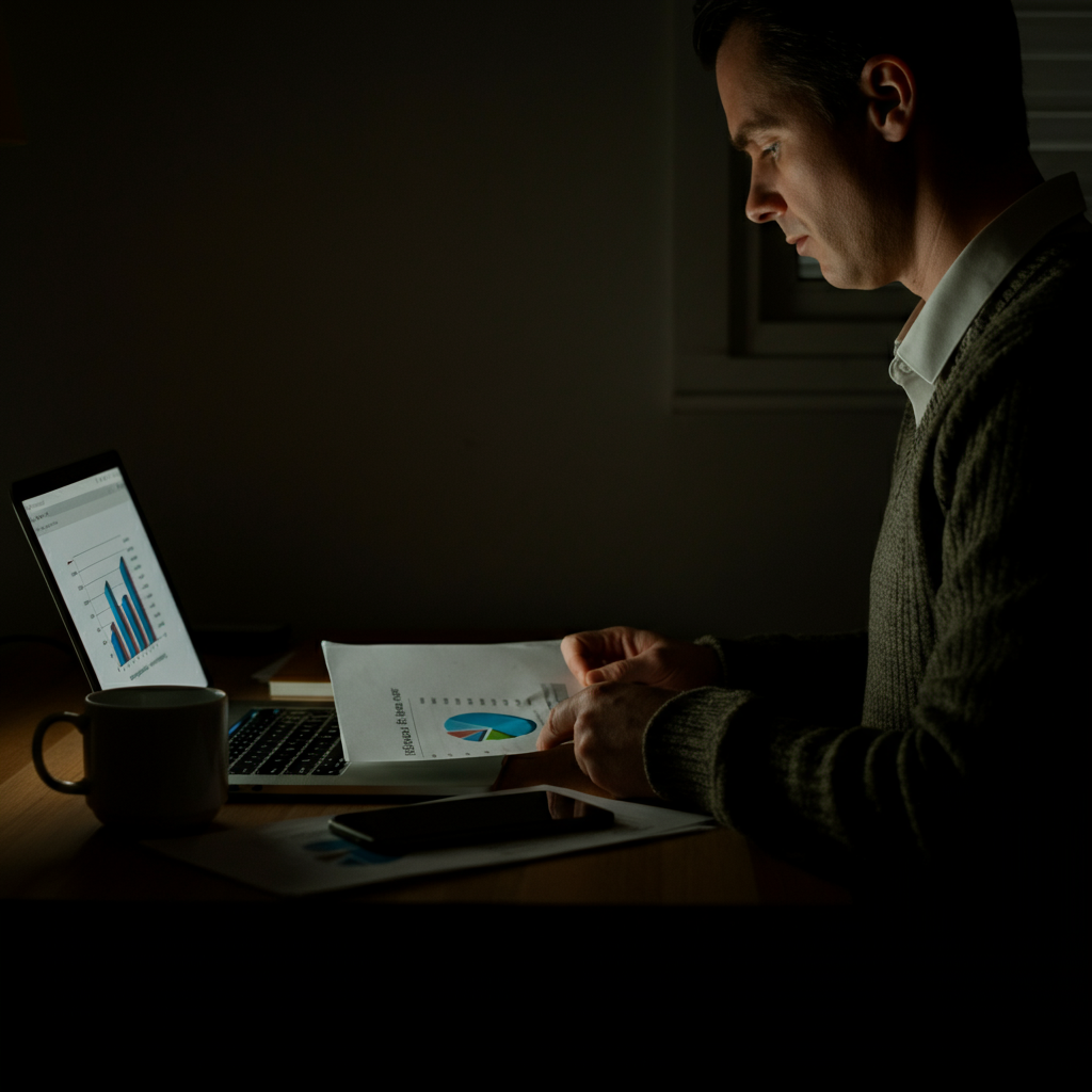 A person sits at a desk, illuminated by a soft light from a laptop screen, reviewing charts and graphs printed on paper. A cup of coffee sits beside them. The room is sparsely decorated, suggesting a home office environment.