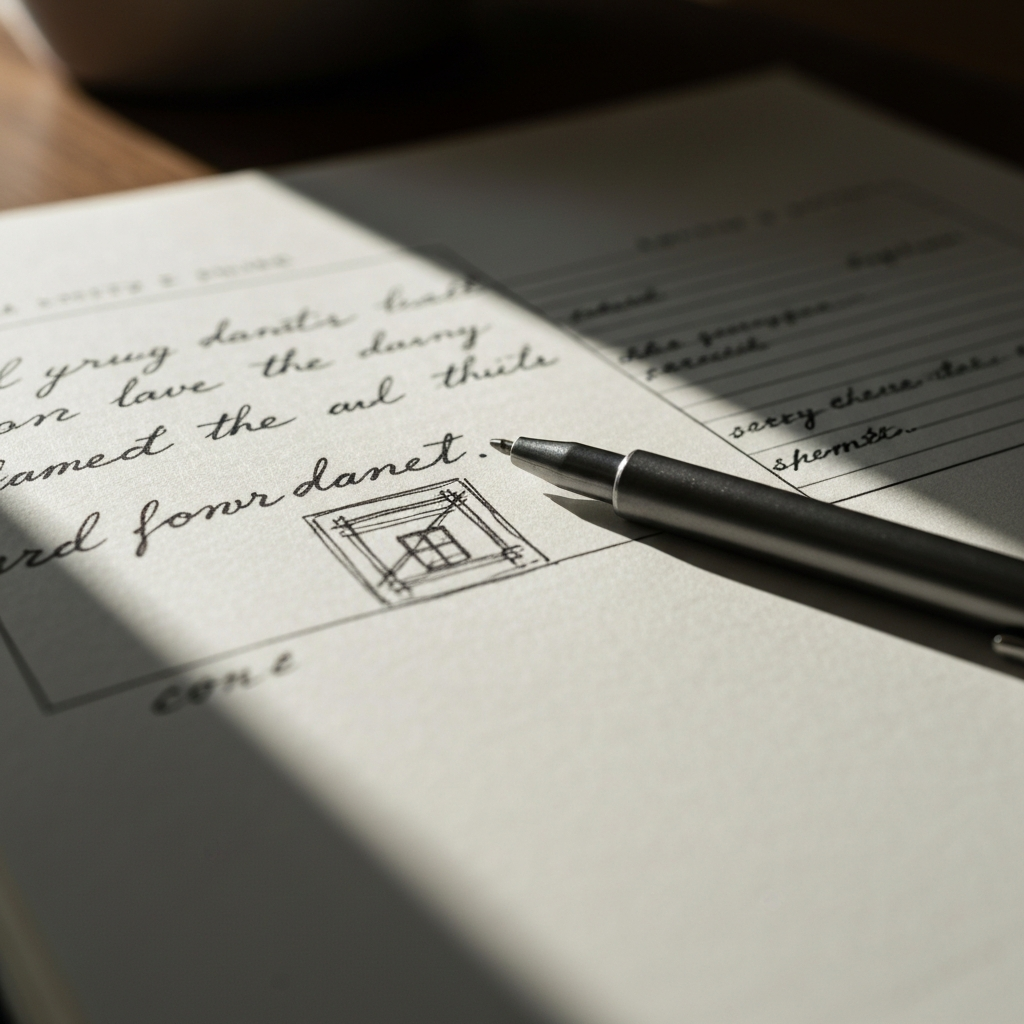 A close-up of a notepad with handwritten notes and sketches. A pen rests on the page. The light is focused on the textured paper, creating a sharp contrast between the ink and the background.