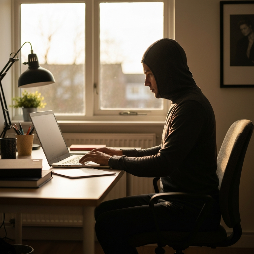 A small, organized home office. A person is working on a laptop, with natural light streaming in through a window. The desk is clutter-free, with only essential items visible. Soft bokeh in the background suggests a residential setting.