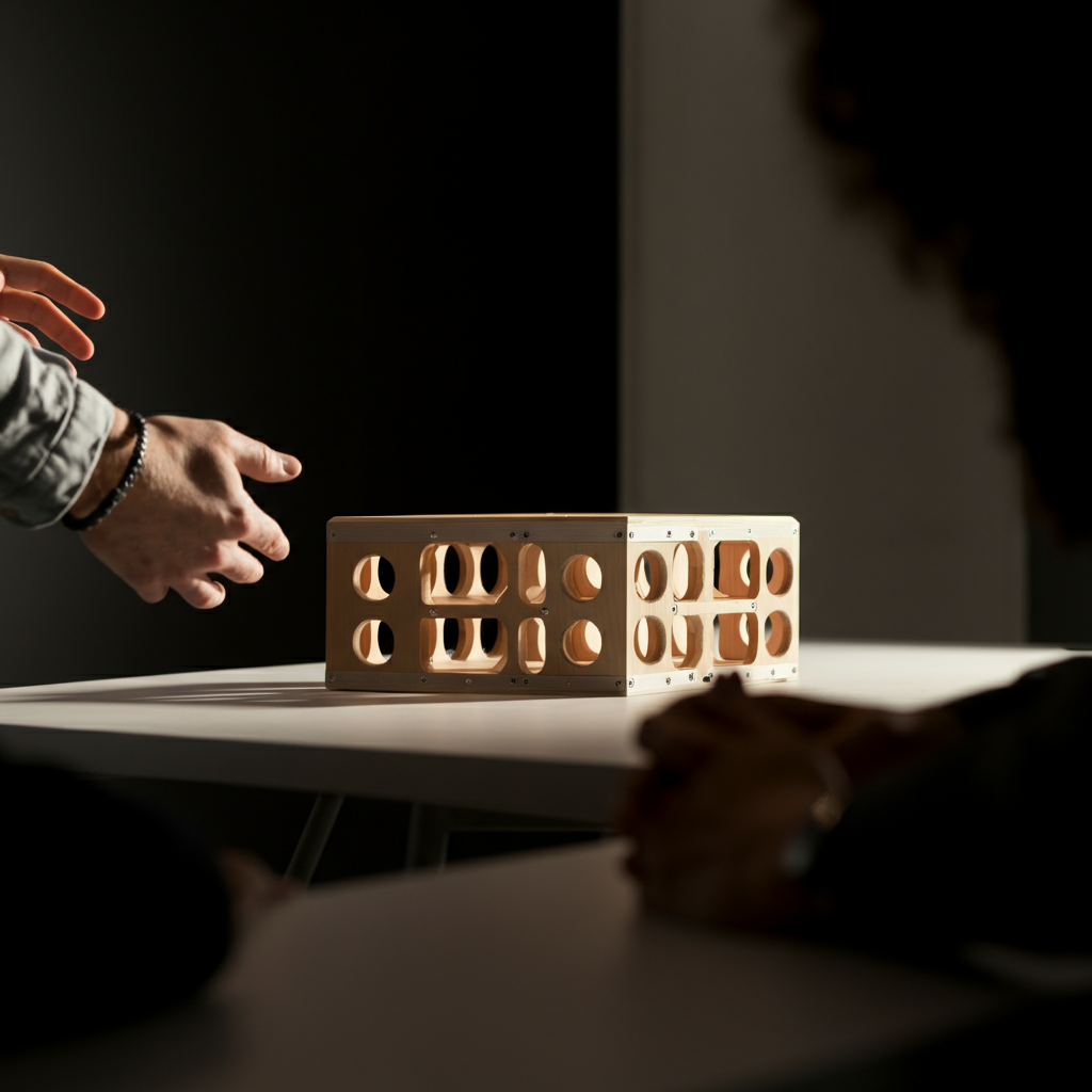 A person presenting a simple prototype to a small group of people in a brightly lit room. The prototype is on a table, and the presenters are gesturing towards it as they speak. The focus is on the interaction between the presenter and the audience.