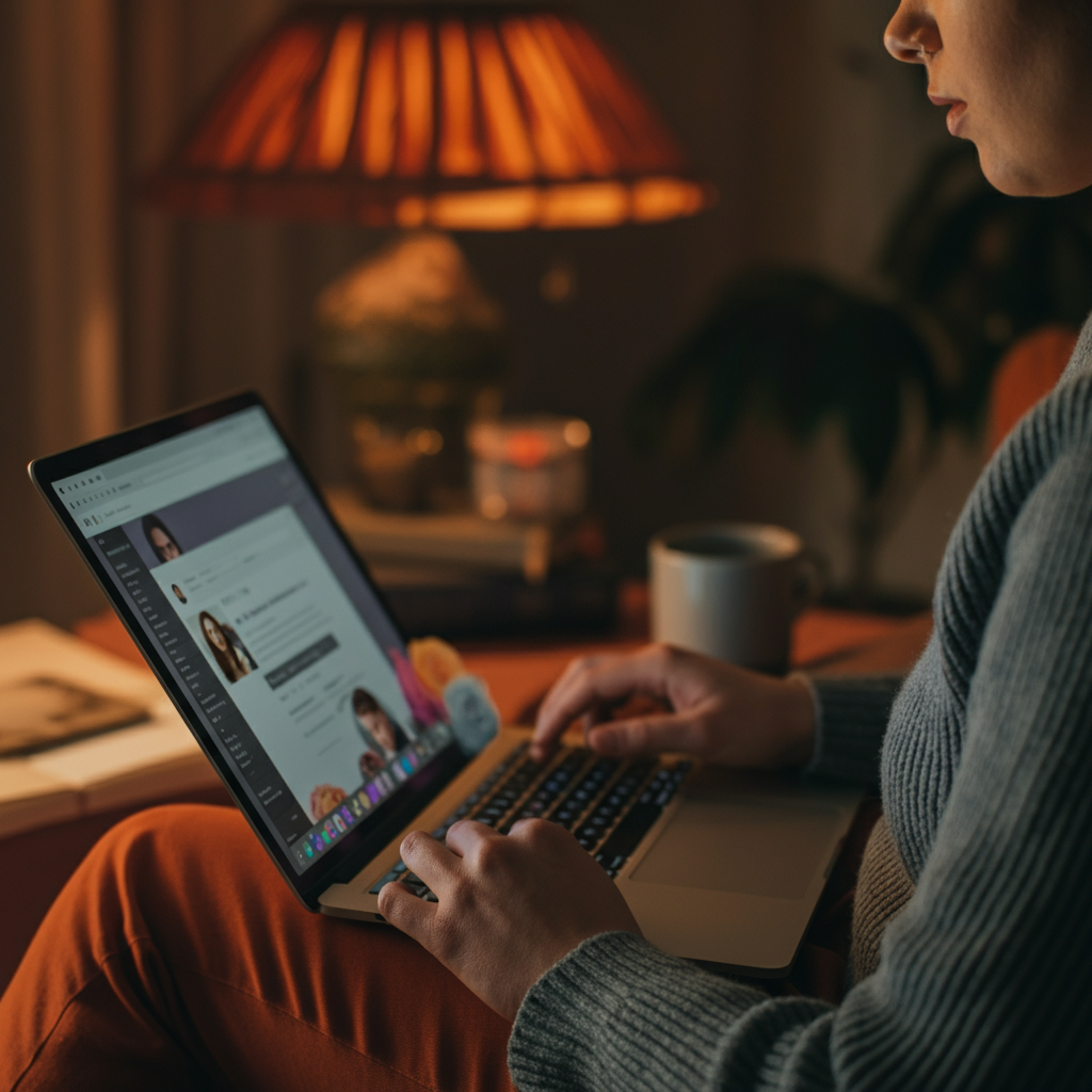 A person is crafting social media posts and engaging with followers on a laptop. Warm, side-lit textures highlight the screen and keyboard. The room appears vibrant and modern, suggesting a creative workspace.
