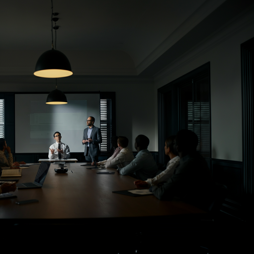 A person is giving a confident presentation to a group of potential clients in a boardroom setting. The lighting is professional and even, and the overall composition conveys expertise and credibility.