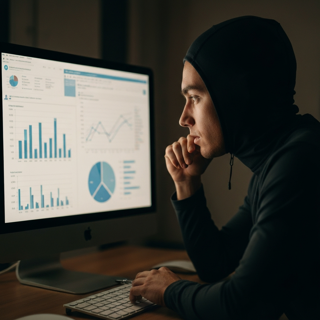 A person is analyzing data on a computer screen with a focused expression. The screen displays charts and graphs, and the room is dimly lit, highlighting the intensity of the work. Soft ambient light illuminates the face.