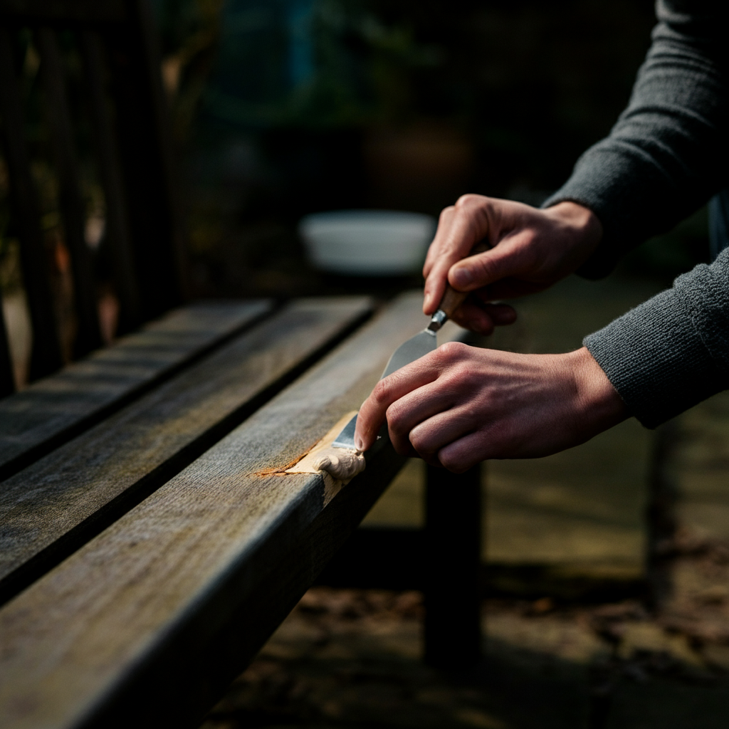A craftsman meticulously applying wood filler to a crack in a garden bench, using a small palette knife. Side-lit textures on the wood and the soft texture of the filler.