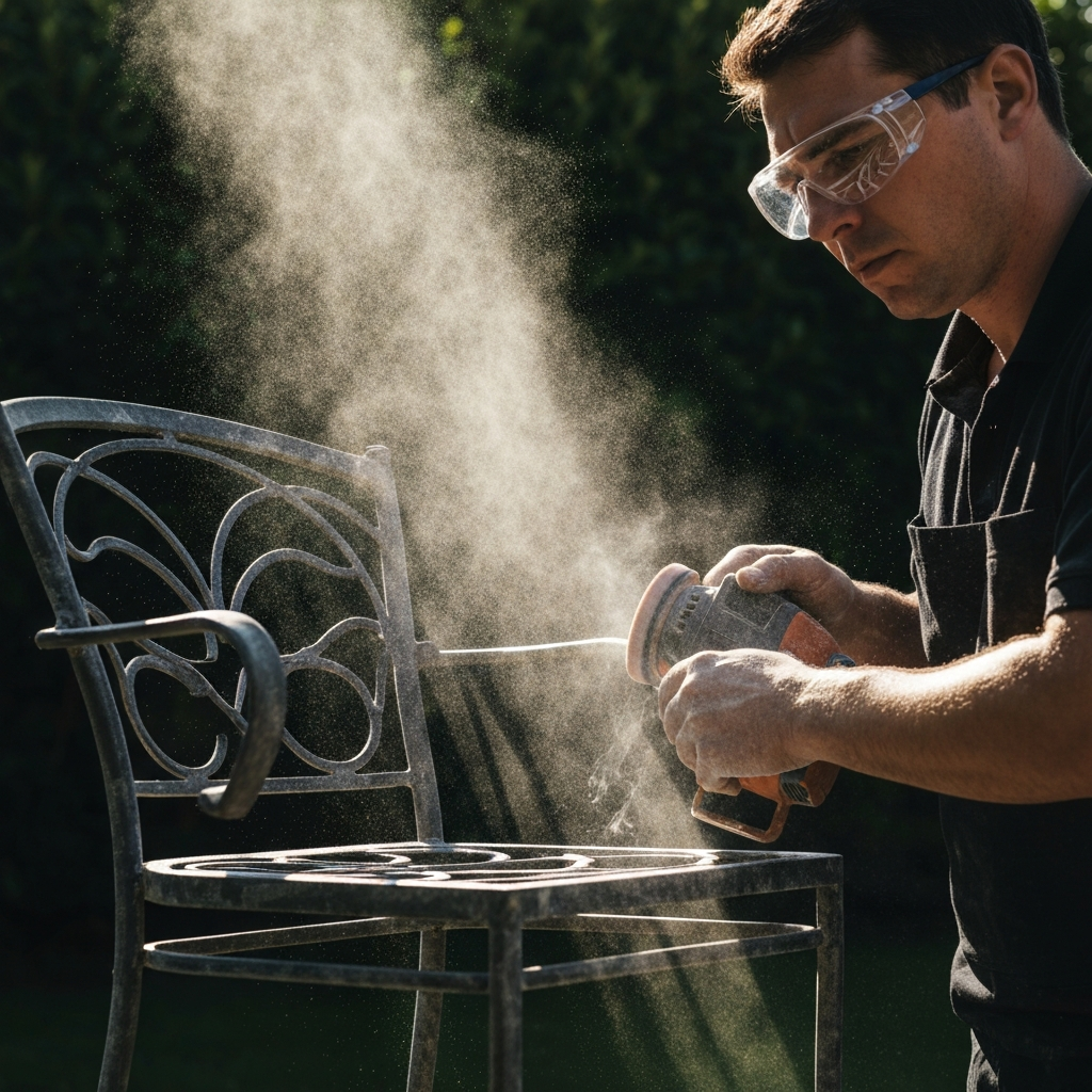 A person wearing safety glasses sanding a metal garden chair frame outdoors, with dust particles floating in the air in sunbeams. Medium shot, showing the chair and the person's upper body.