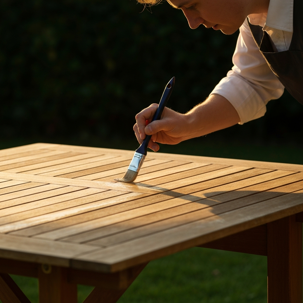 Someone carefully painting a wooden garden table with a brush, using even strokes. Golden hour lighting highlighting the wet paint and wood grain.