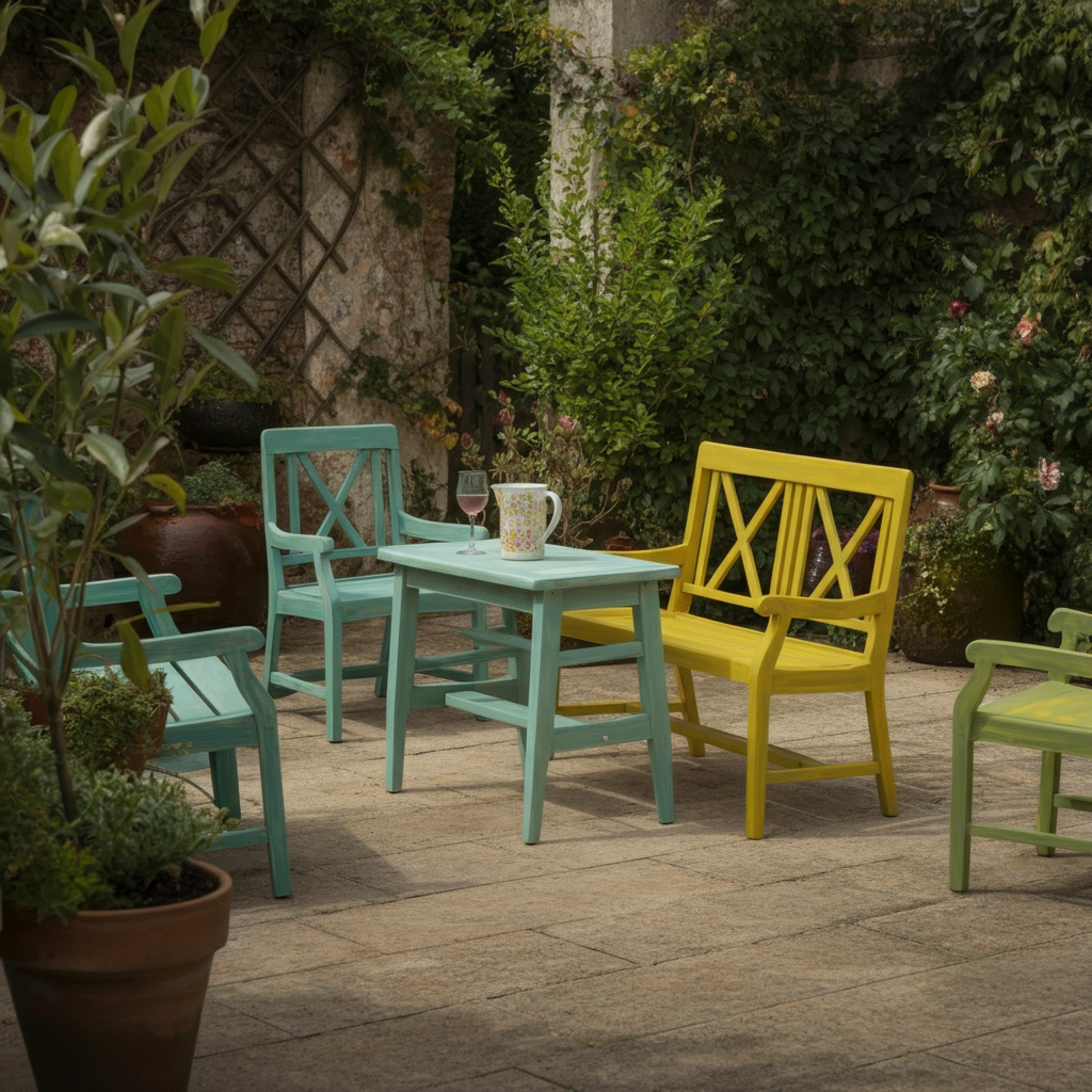 Finished, brightly painted garden furniture set arranged on a patio with potted plants. Soft focus background, showing a lush garden. 