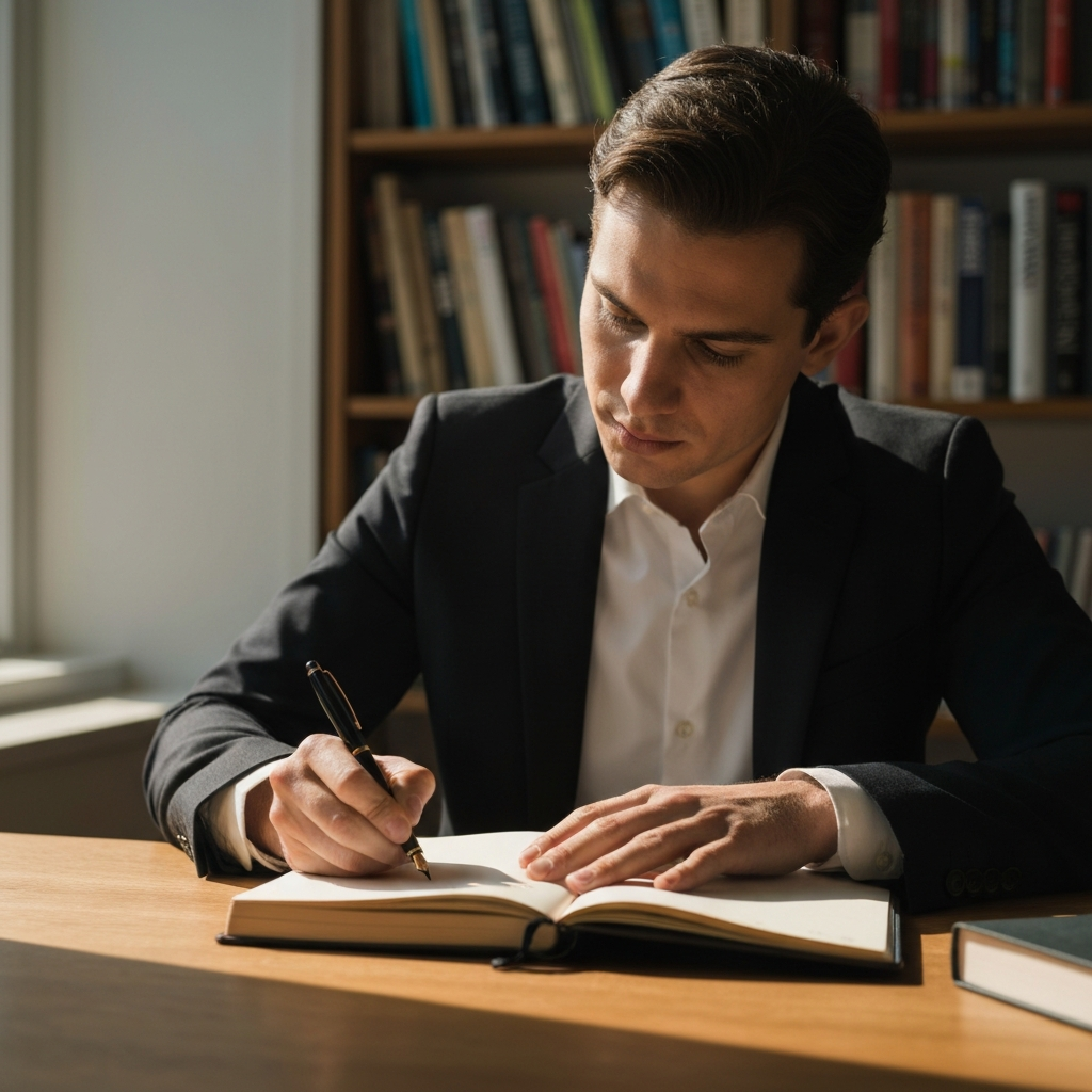 A person sitting at a wooden desk with natural light streaming in from a window, writing in a journal with a fountain pen. Soft focus on the background of bookshelves.