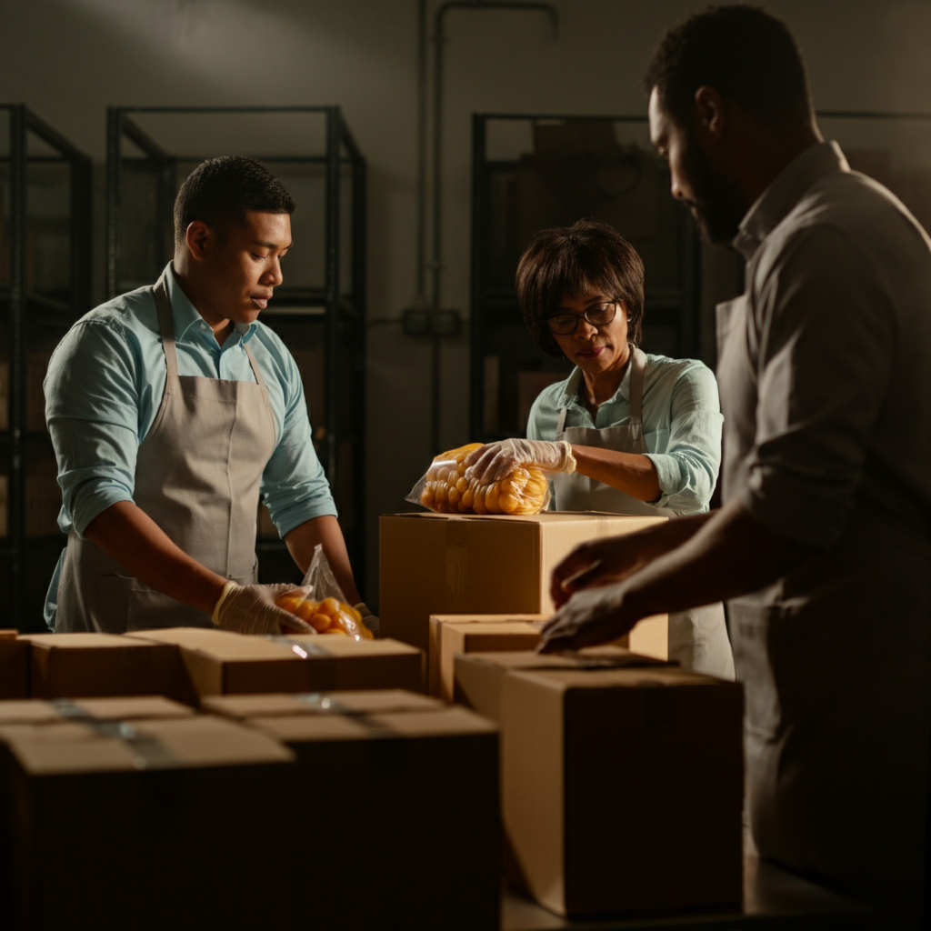 Volunteers working together at a food bank, sorting and packing boxes of food. Natural light filters through the windows.