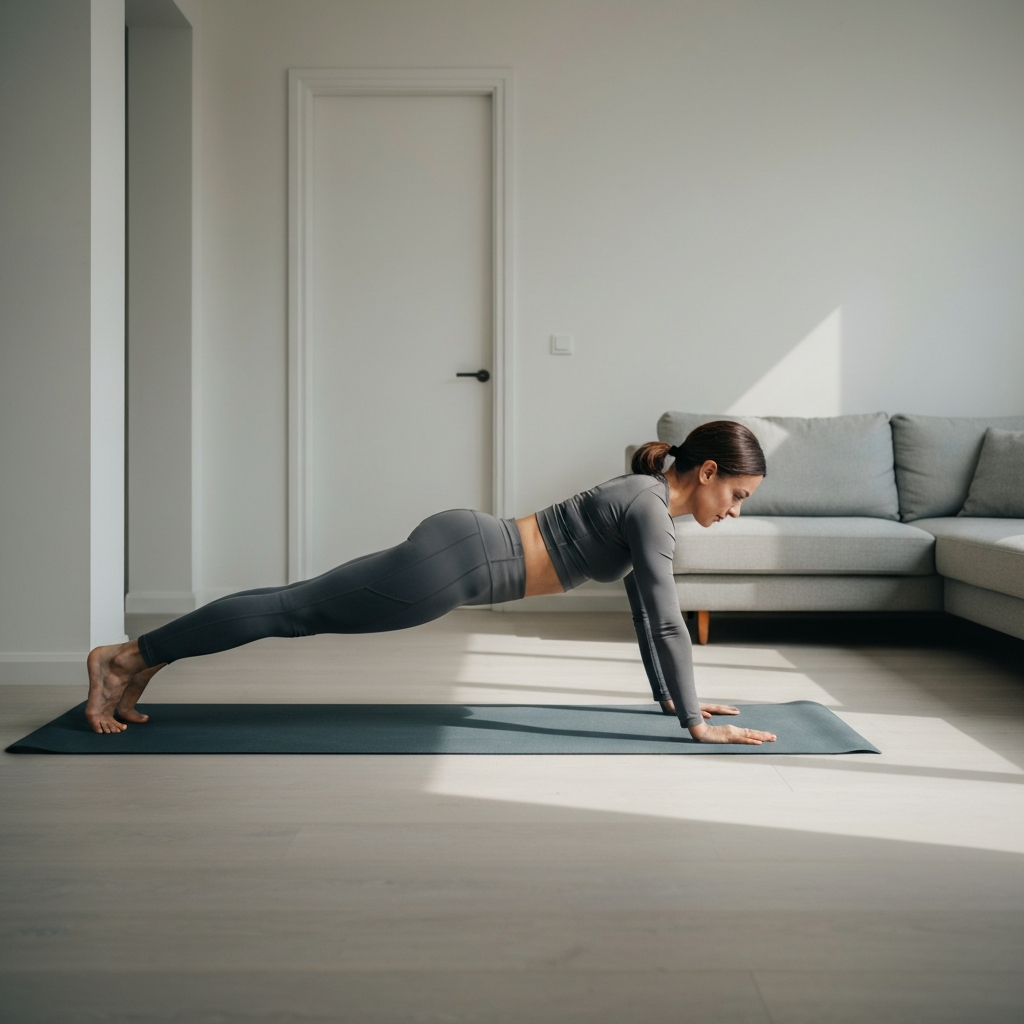 Woman in a well-lit minimalist living room demonstrating a perfect plank pose, wearing athletic leggings and a fitted long-sleeve top, soft side-light highlighting the texture of her yoga mat.