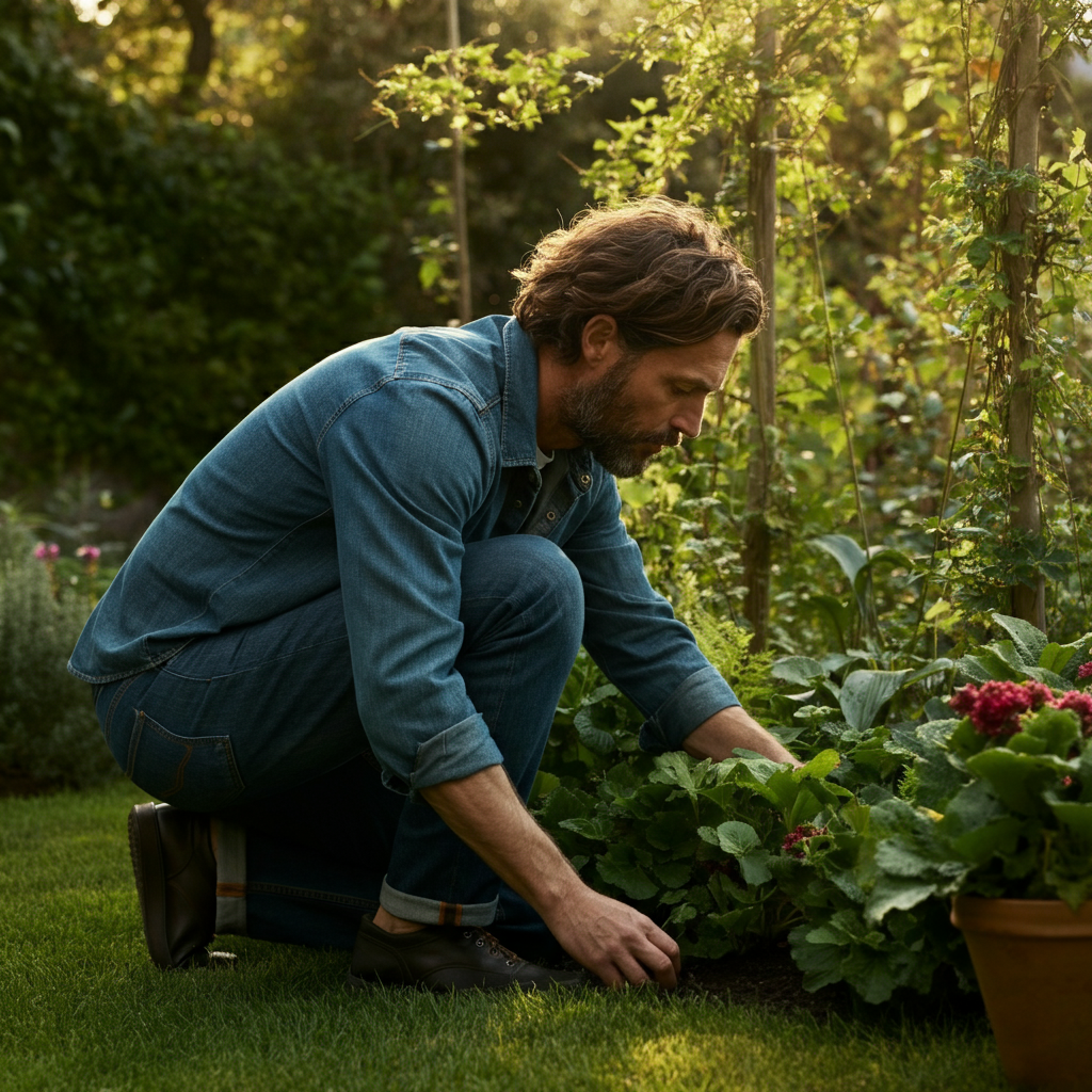 Man in a denim shirt and jeans working in a lush garden, kneeling and tending to plants, golden hour light filtering through the leaves casting dappled shadows on the ground.