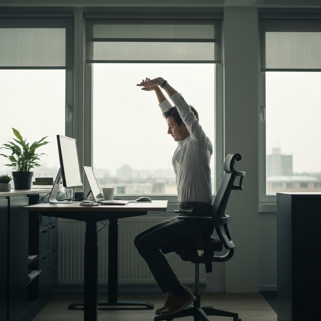 Person working at a standing desk in a modern office space, taking a moment to stretch their arms overhead, soft natural light coming through a large window.