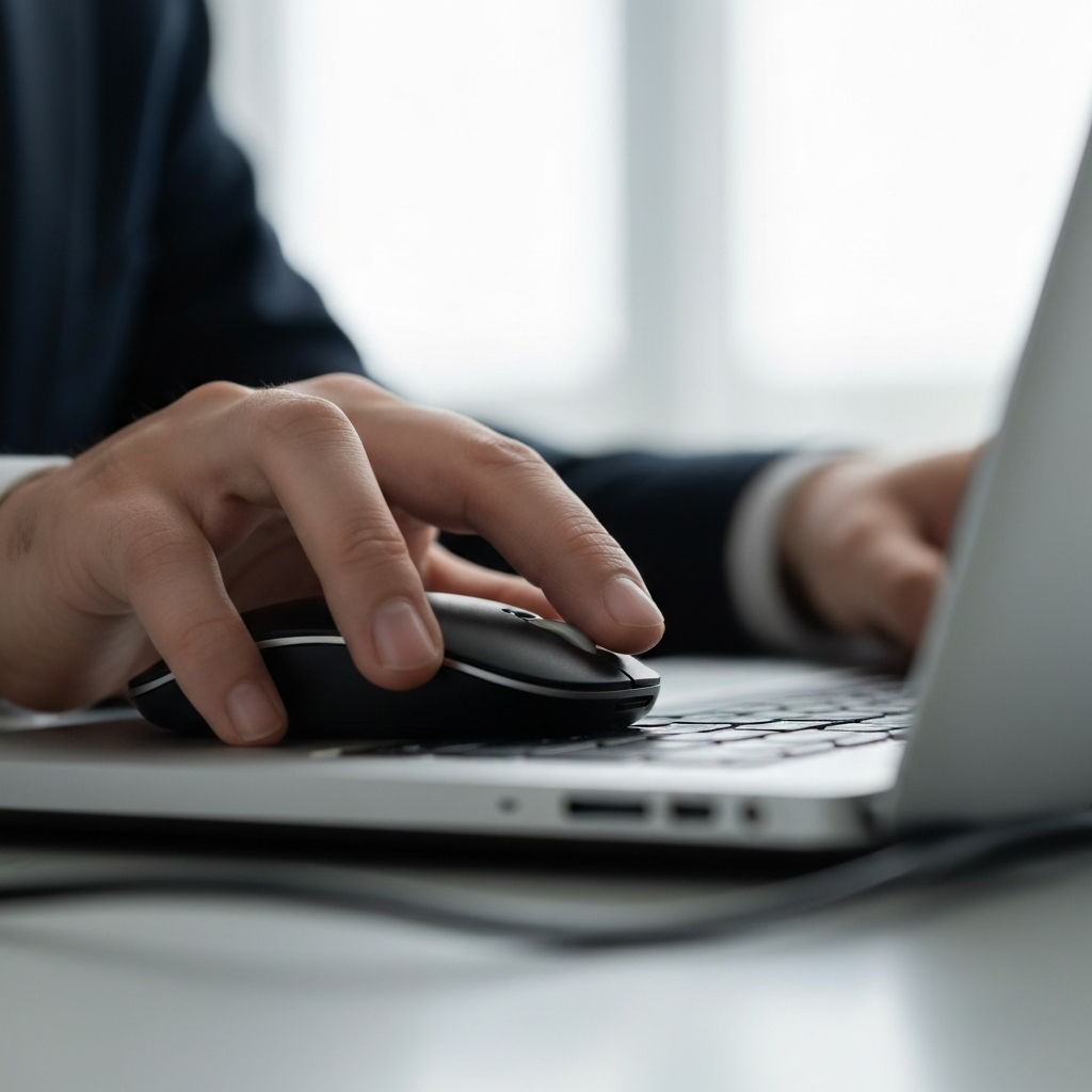 Close-up of a hand plugging a USB mouse into a laptop, soft, diffused light, shallow depth of field focusing on the USB connection.