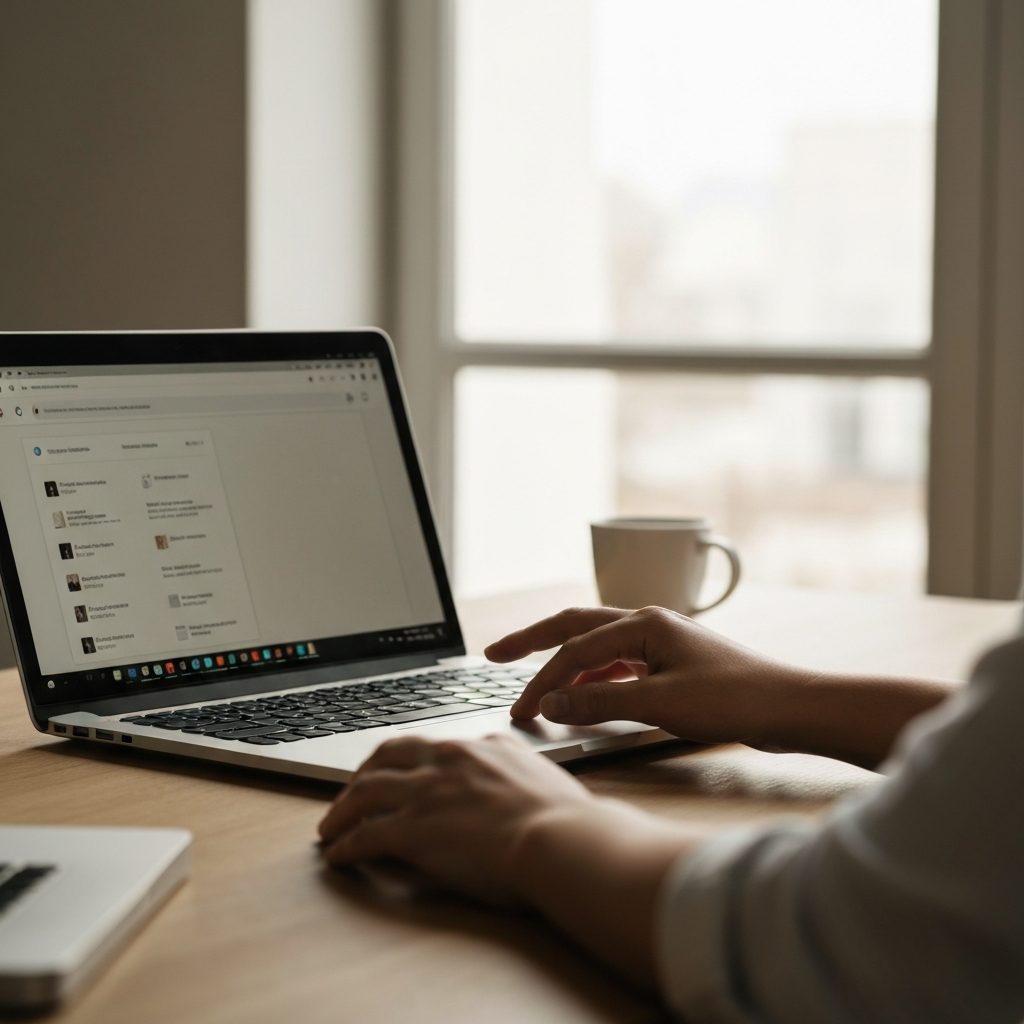 A person sitting at a desk with a laptop, their hand hovering over the mouse, ready to close a browser window. Natural window light, warm tones, focus on the laptop screen and the person's hand.