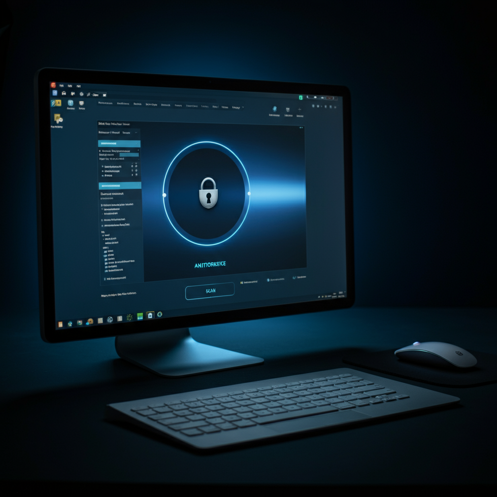 A computer screen displaying an antivirus scanning process. A progress bar indicates the scan is ongoing. Soft blue light emanating from the screen, creating a sense of security.