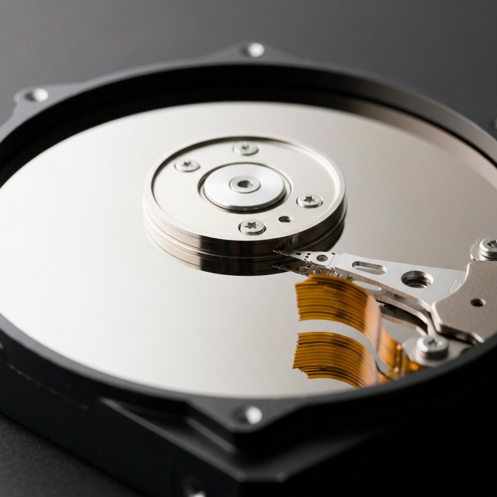 A close-up of a computer hard drive, showing the intricate details of the platters and read/write heads. Soft, diffused light highlighting the textures and materials.