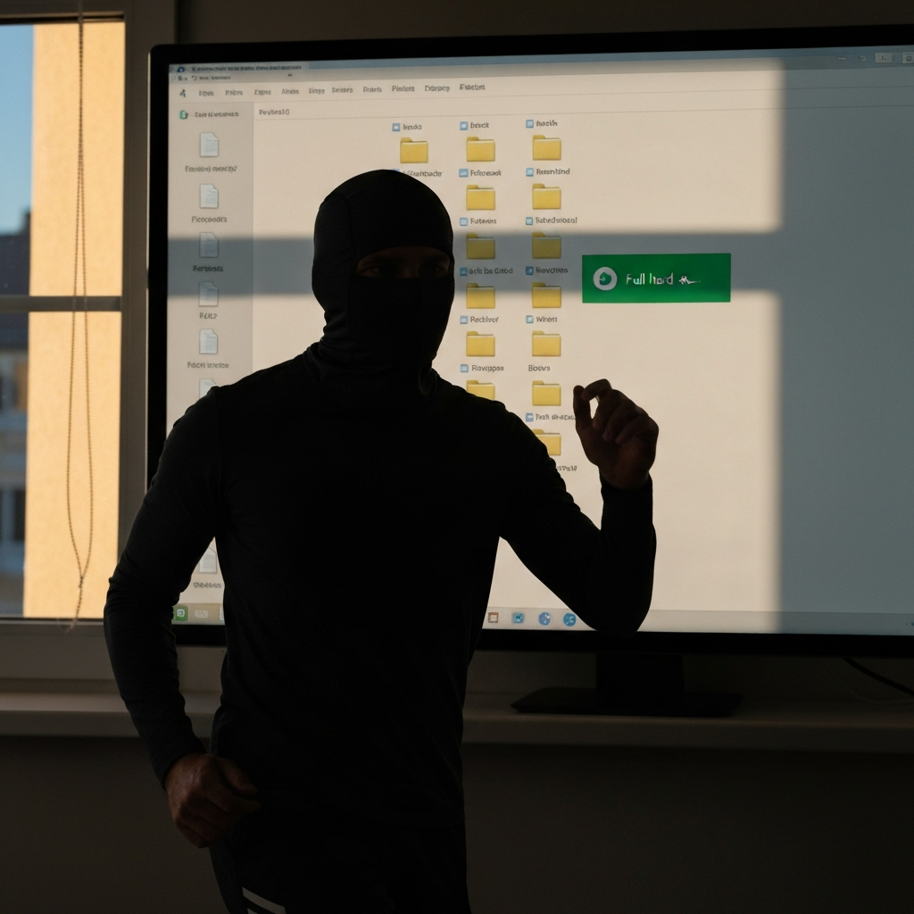 A computer screen displaying a file explorer window with a full hard drive indicator. The files are organized in folders. Natural light coming from a window, creating a sense of organization and clarity.