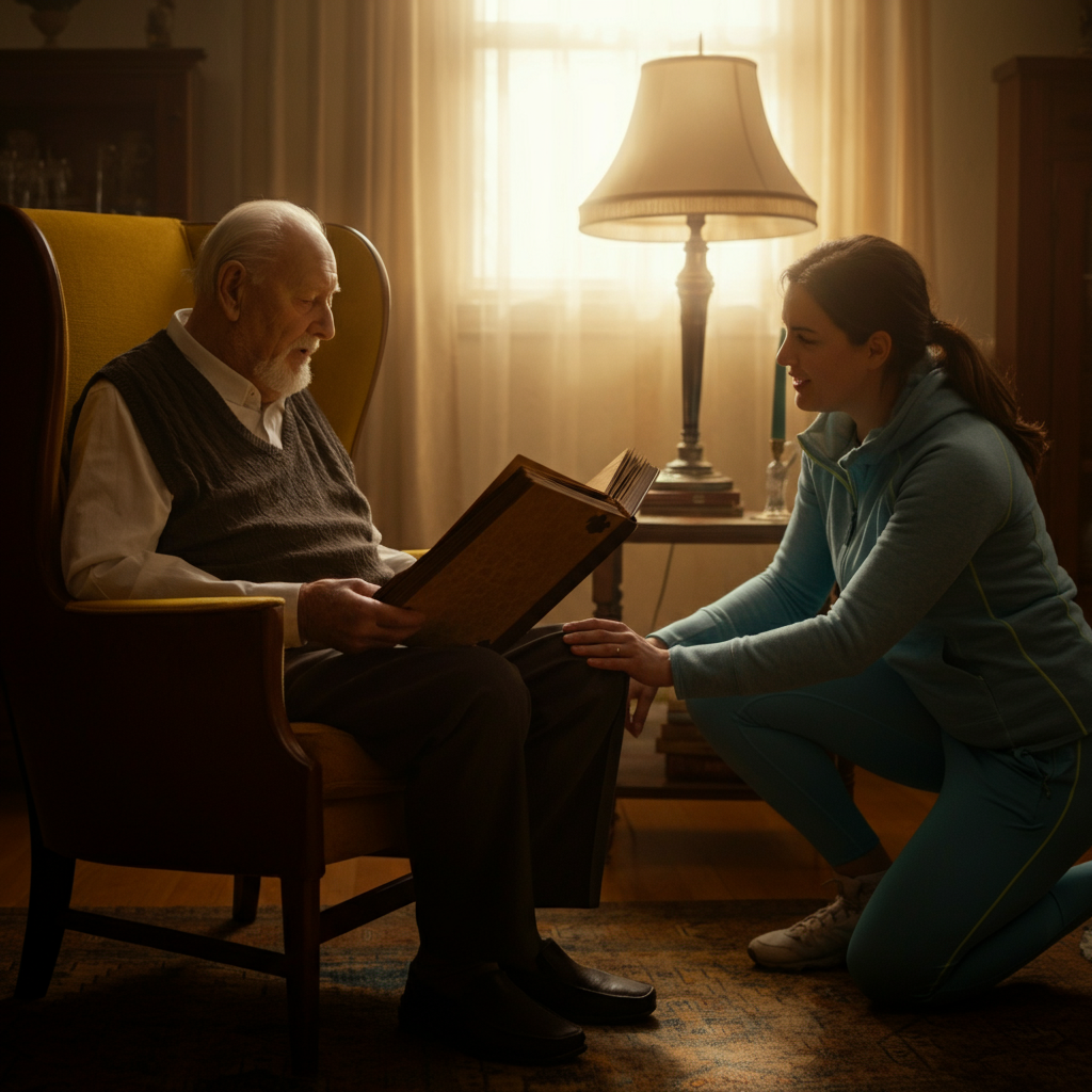 A brightly lit living room during daytime. An elderly man is seated comfortably in an armchair, holding a vintage photograph album. A younger woman is kneeling beside him, looking at the album with interest and a smile. Natural light streams in through a window.
