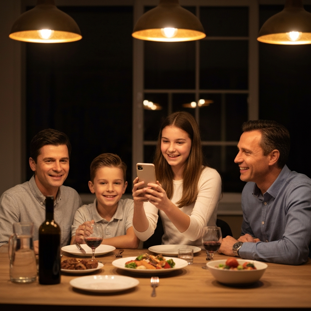 A family gathered around a dinner table. A teenage girl is holding a smartphone, taking a photo of the food. Her parents and younger brother are smiling and posing for the picture. Warm, inviting lighting from overhead pendant lights.
