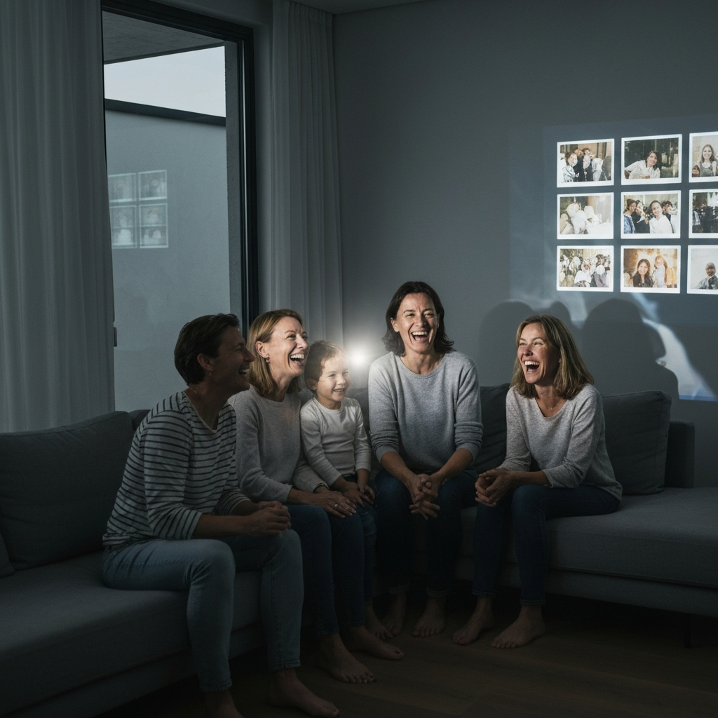 A family gathered on a couch, laughing and watching a slideshow of old photos projected onto a wall. The room is dimly lit, with the light from the projector illuminating their faces. A sense of warmth and connection is evident.