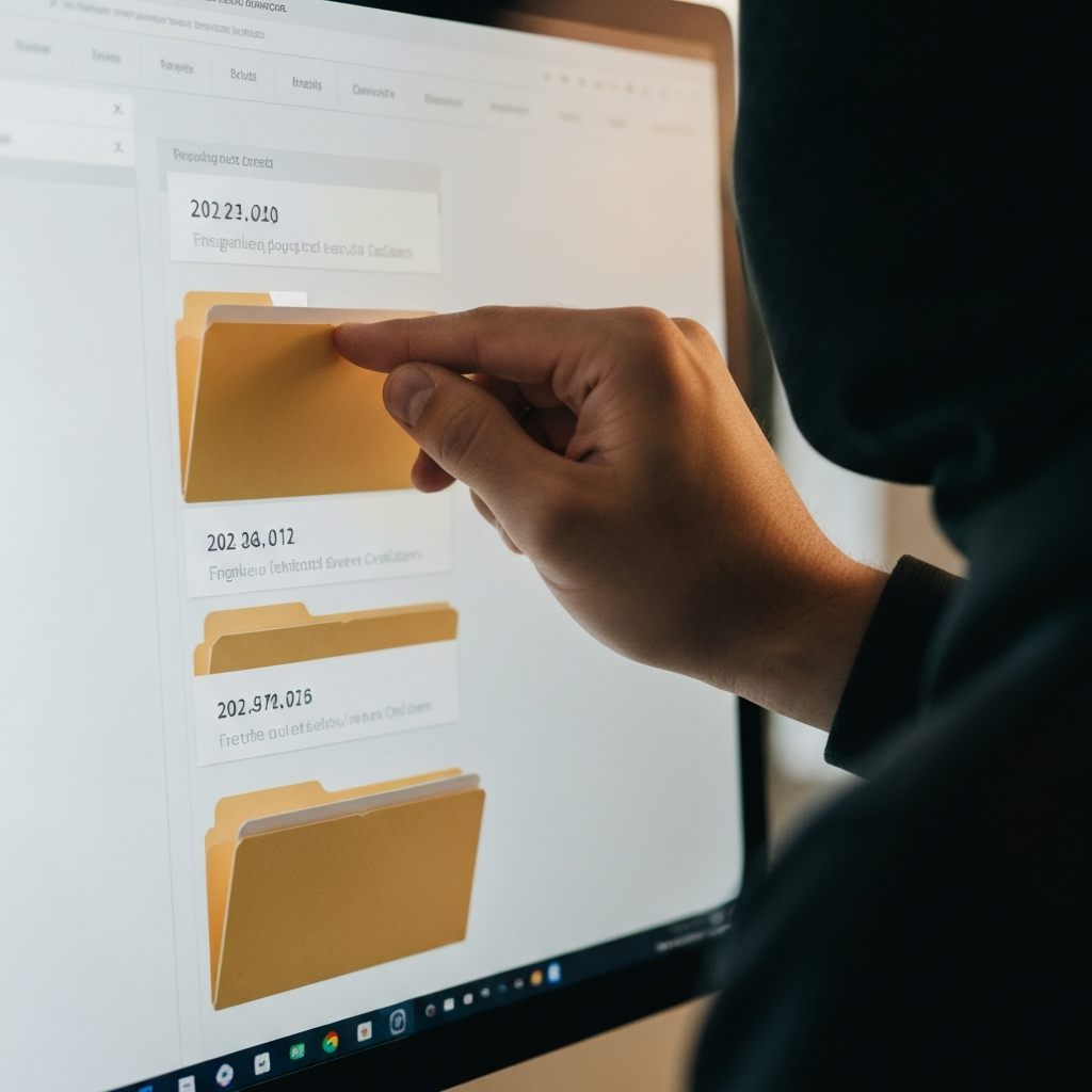 Close-up shot of a hand selecting files and folders on a computer screen. The folders are named with dates and event descriptions. The background is blurred, focusing on the task of organization and curation. The lighting is neutral and functional.