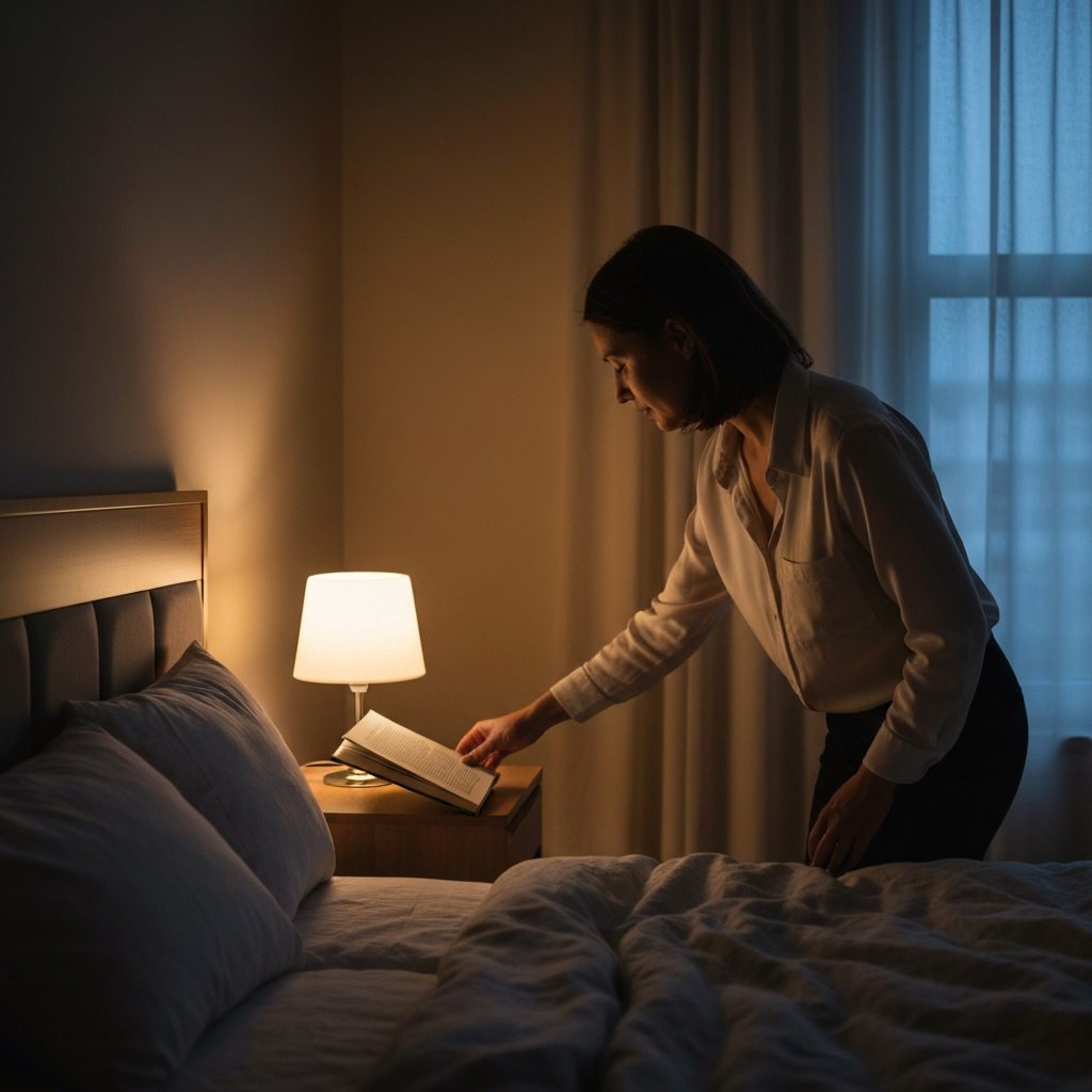 A dimly lit bedroom at dusk. A woman is gently placing a book on a bedside table, illuminated by a soft, warm lamp. The scene has a calm, serene atmosphere with a focus on the texture of the linen sheets.