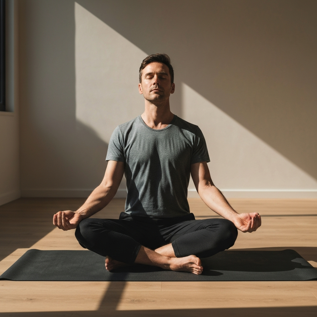 A man sitting cross-legged on a yoga mat in a sunlit room, eyes closed, hands resting on his knees. Golden hour lighting creates long shadows and highlights the texture of the mat.
