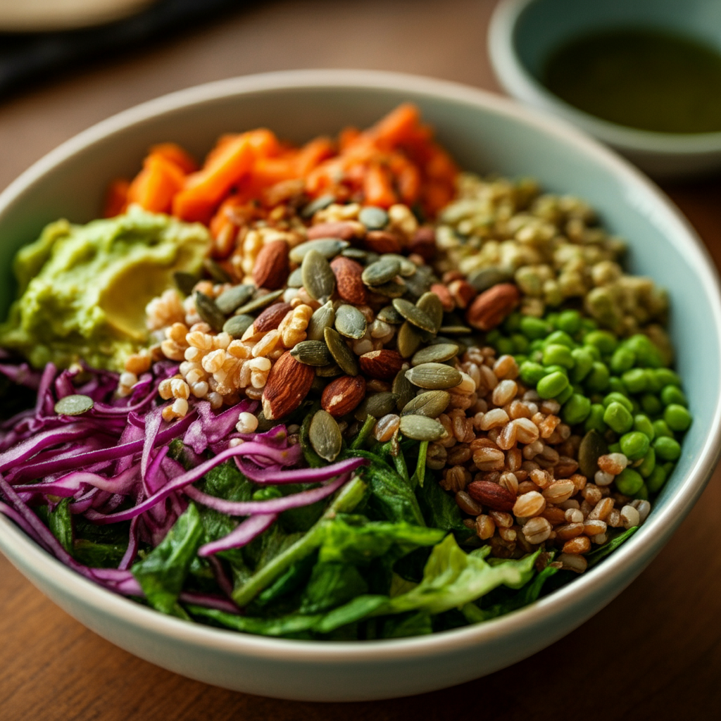 A close-up of a colorful salad bowl filled with various vegetables, grains, and nuts. The lighting is bright and natural, highlighting the textures and colors of the ingredients.